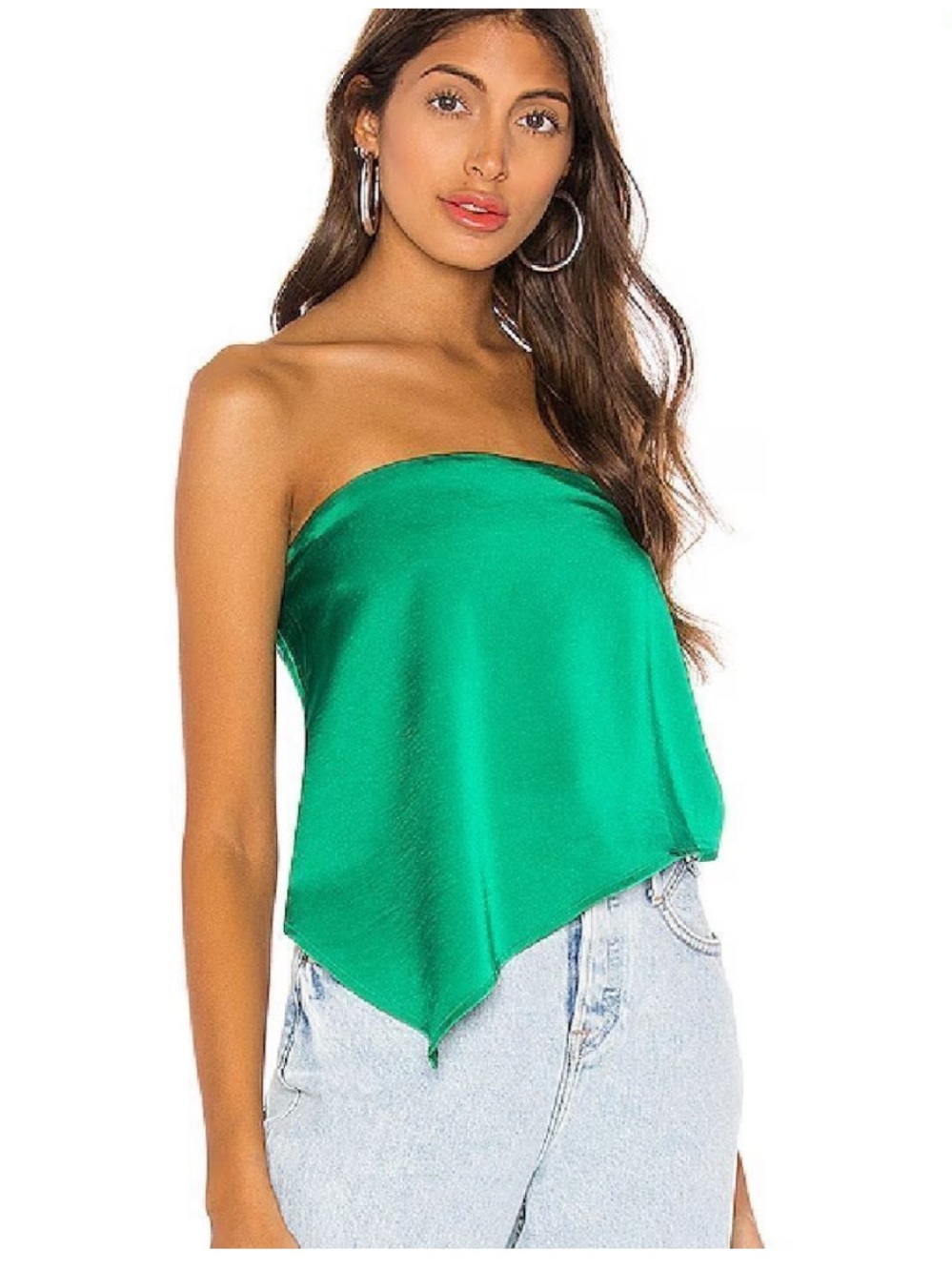 superdown Cora Asymmetrical Satin Strapless Crop Top Kelly Green Medium
